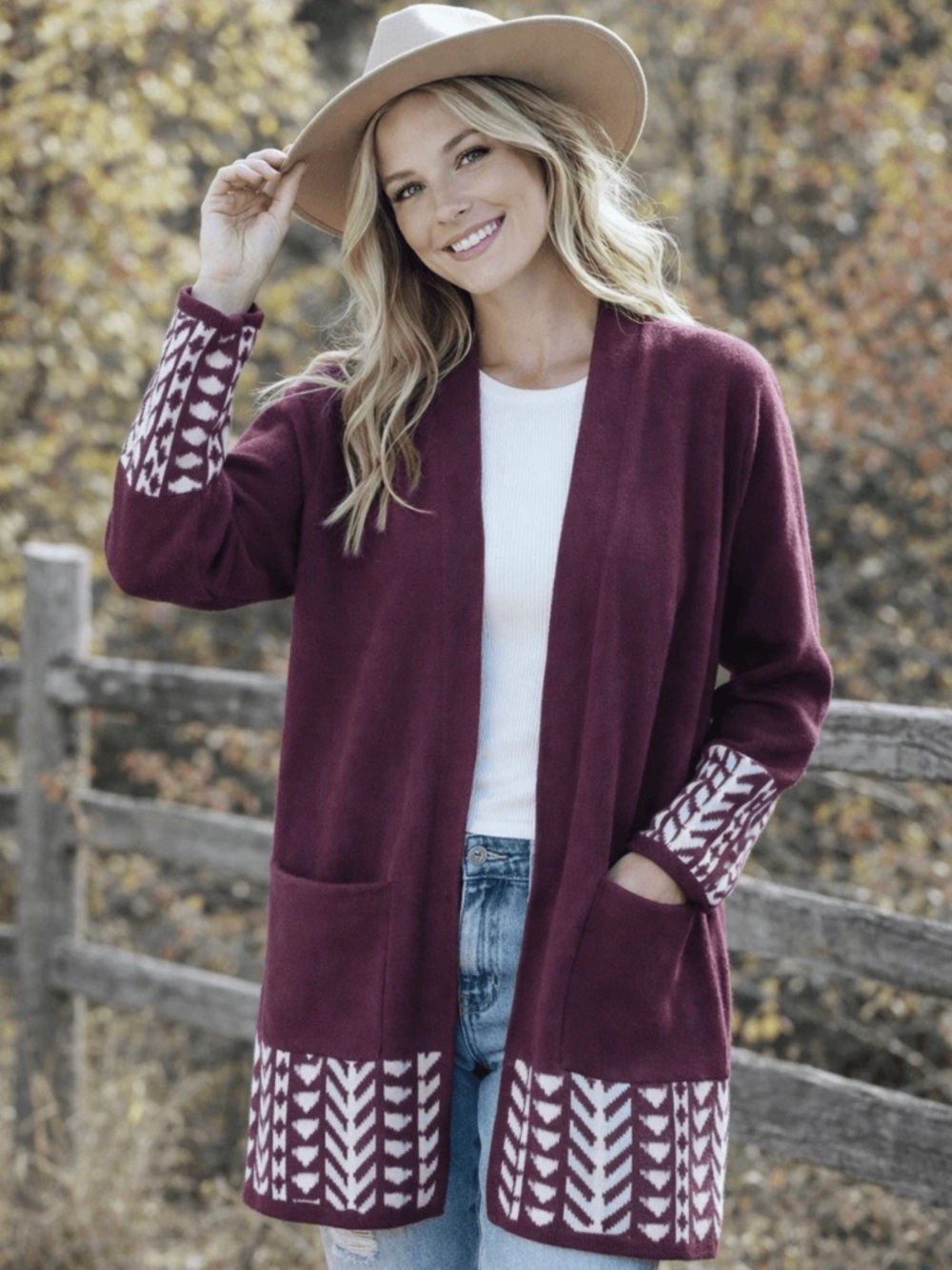 Frye Tribal Trim Open Front Cardigan Sweater Burgundy Cozy Knit Women XL new